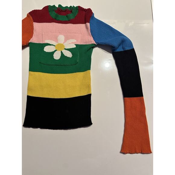 Rainbow Striped Daisy Jacket Flower Knitted Stretch Pocket Multicolor Sweater Sm - Picture 4 of 10